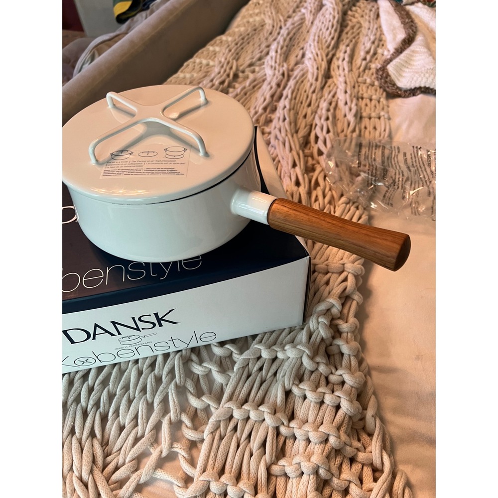 Dansk Kobenstyle White Enamel Saucepan Teak Wood Handle New in Box
